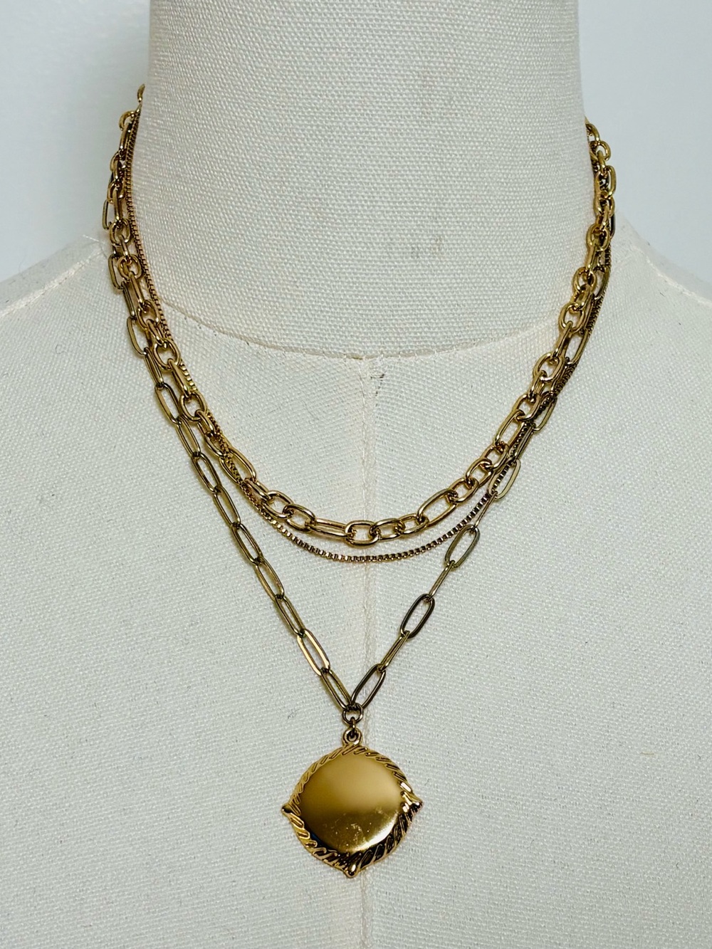 Gold-Tone Coin Medallion Layered Paperclip Chain Link 3-in-1 Necklace